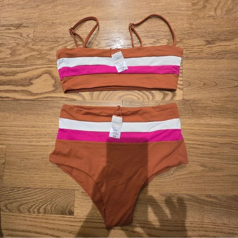 L*Space Rebel Stripe Bikini Top Portia Stripe Bottom Sz S Pink Brown White NWOT